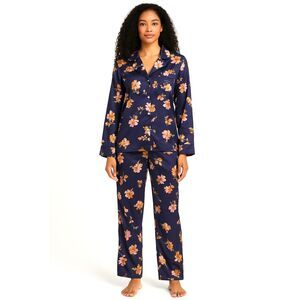 Lauren Ralph Lauren Pajama Set Sz M Satin Finish Blue with Floral Print